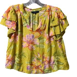 Rachel Roy‎ Yellow Floral Ruffle Sleeve V Neck Top Women's XL Rayon